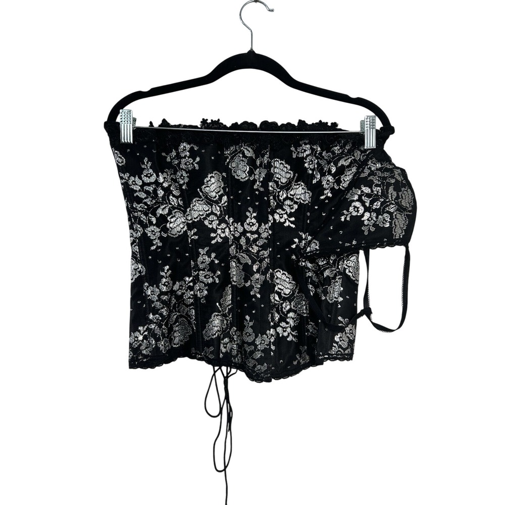 Vintage Floral Brocade Lace Up Corset Top 34 Black Silver Goth Victorian EUC